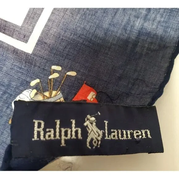VTG Ralph Lauren Scarf Cotton Golf Clubs Bordered Pink/ Navy Printed 1980s Label - Picture 6 of 9